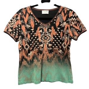 Cactus Bay Aztec Southwest Rhinestone‎ Top Large Black Orange Turquoise Tribal